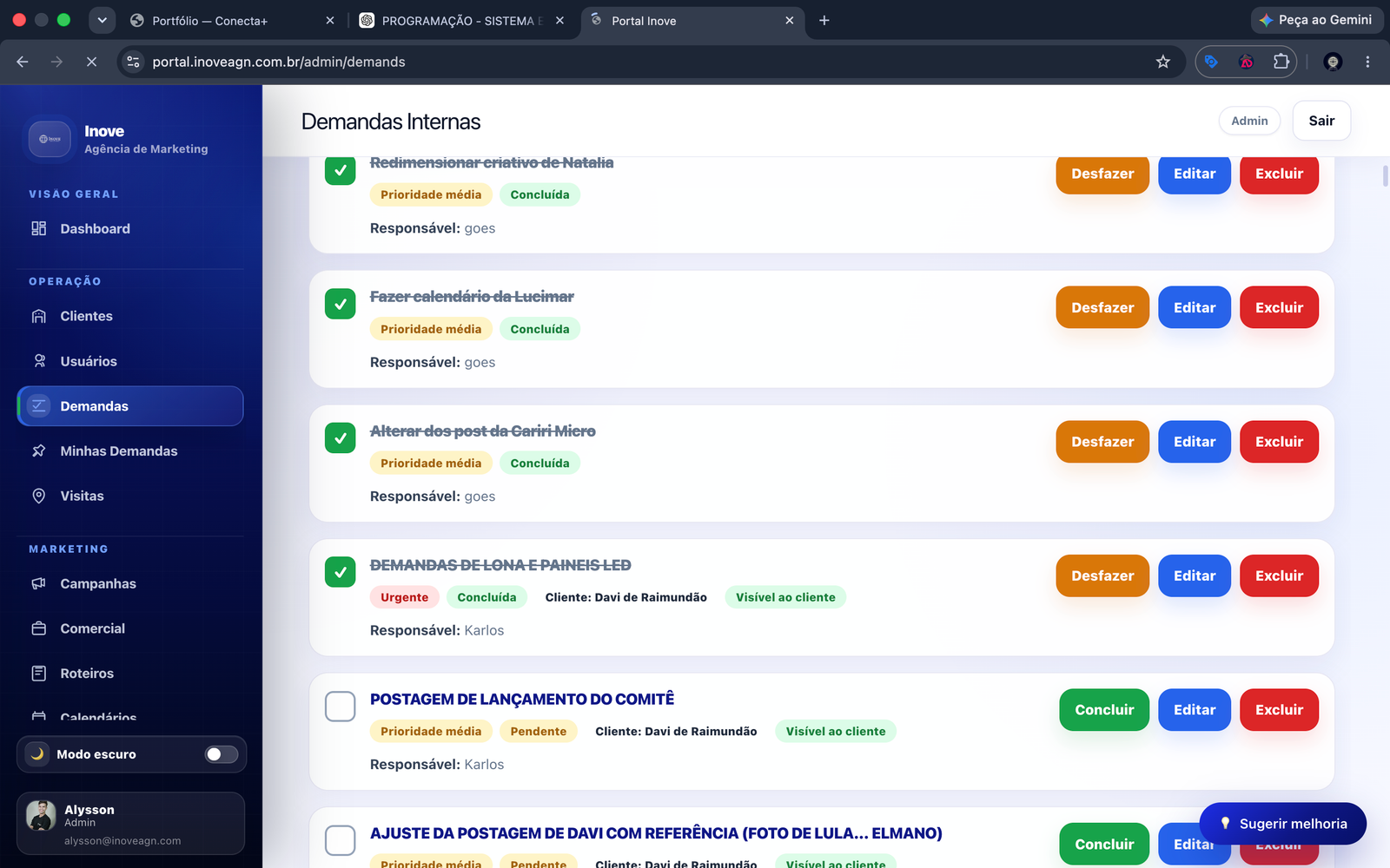 Tela complementar de Gestão completa para agência de marketing