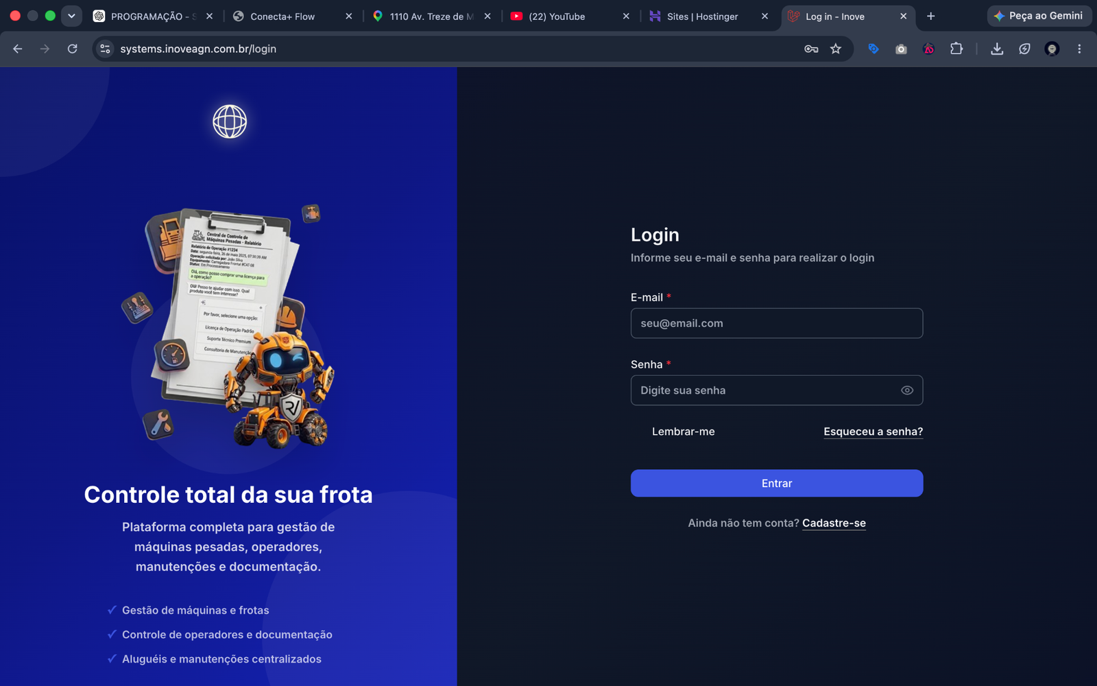 Tela complementar de Controle operacional de maquinários pesados